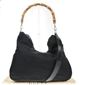 GUCCI Logo 2Way Bamboo Shoulder Hand Bag Nylon Leather Black Italy 01EF791
